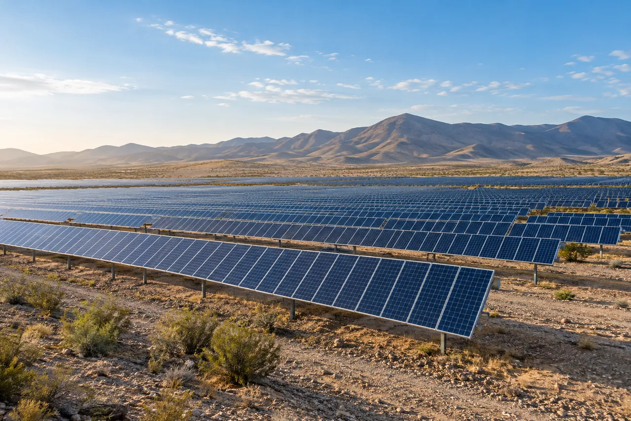 Paneles solares instalados en un paisaje árido con montañas al fondo