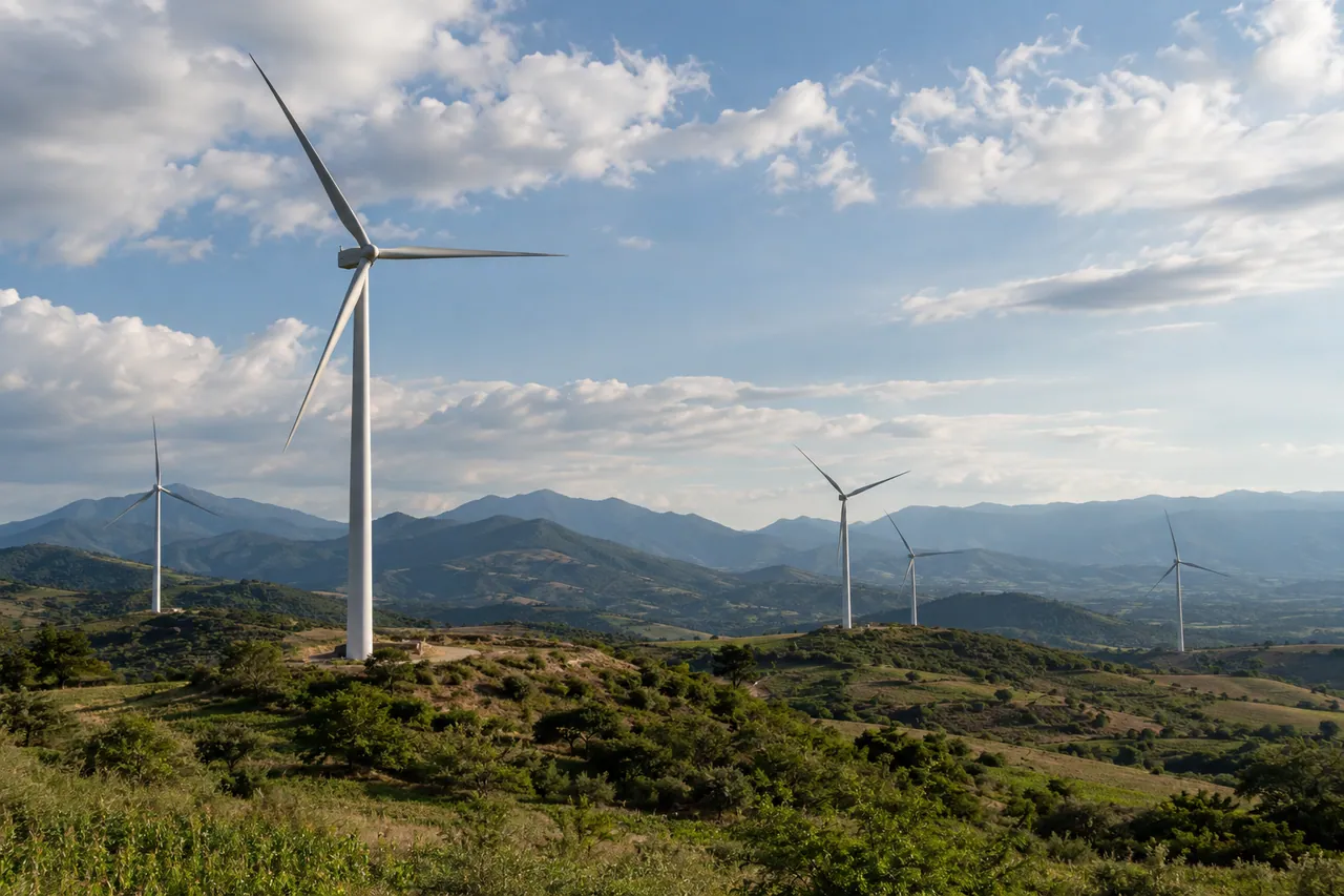 Aerogeneradores distribuidos en un paisaje rural de colinas