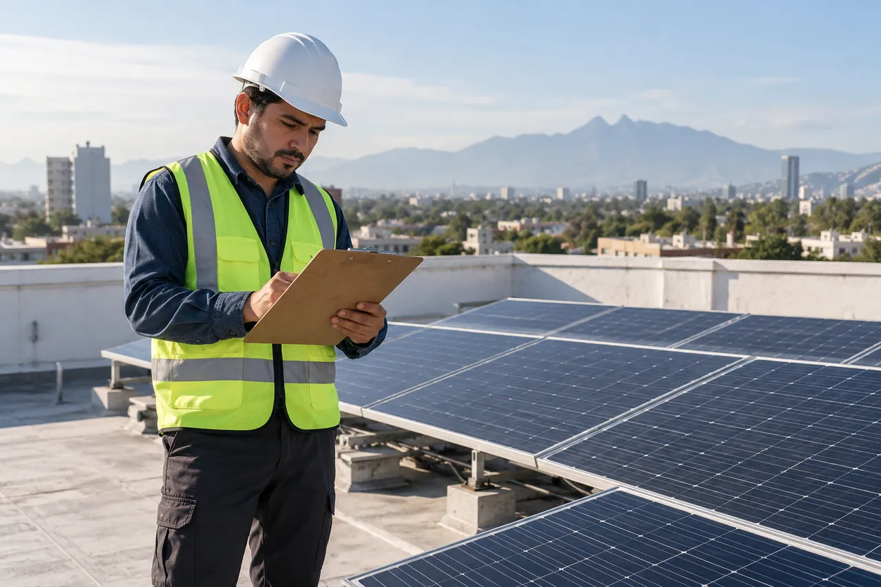 Técnico con casco revisando una instalación de paneles solares en una azotea