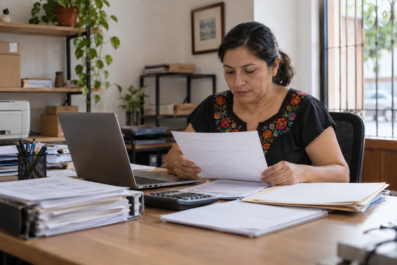 Administradora revisando documentos de facturación junto a una computadora