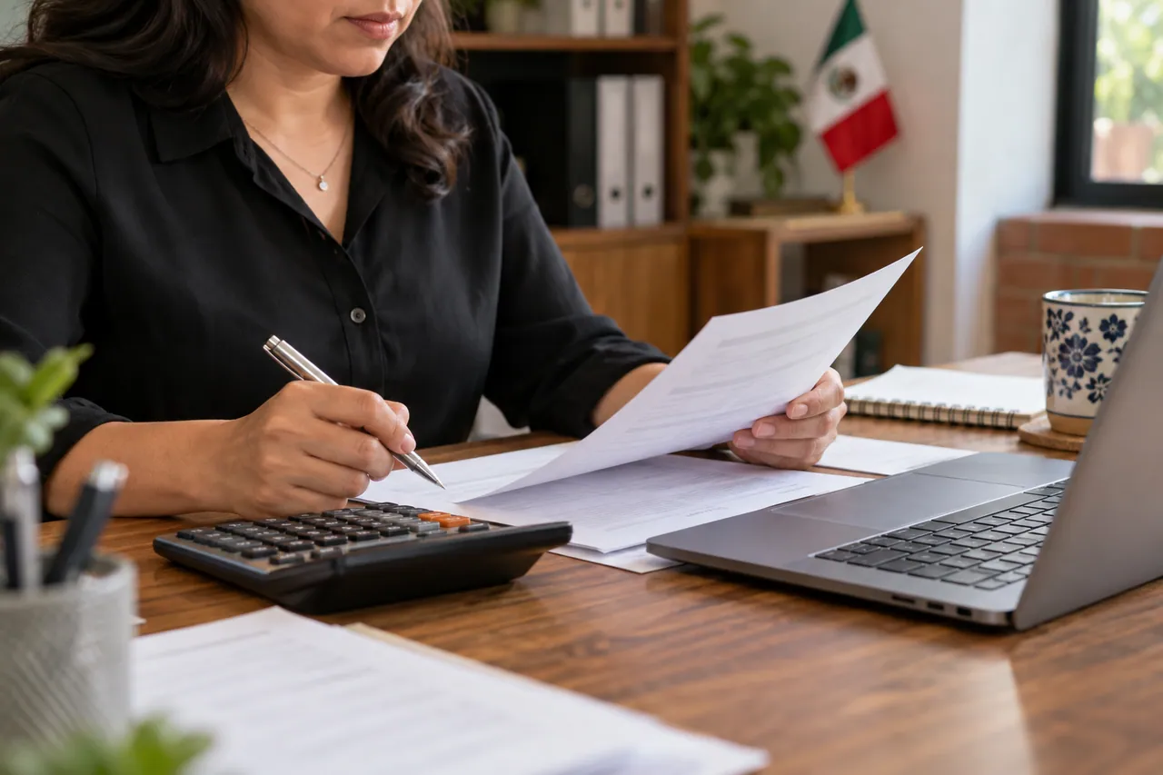 Manos revisando un documento junto a una calculadora