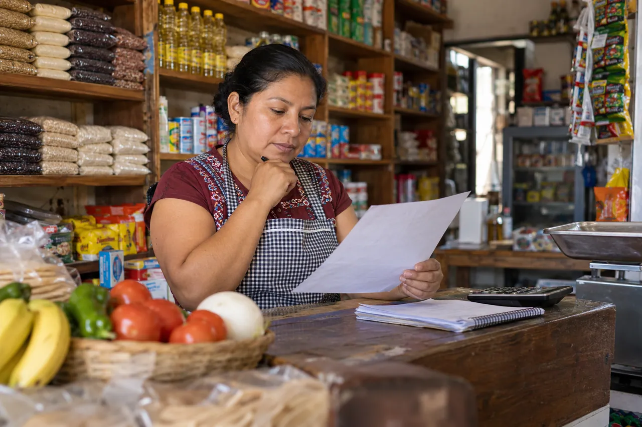 Comerciante revisando un documento de compras en una tienda de abarrotes