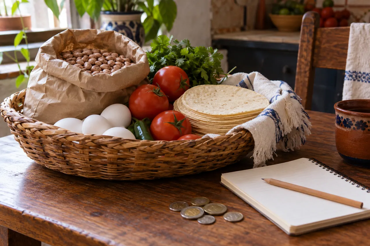 Canasta con alimentos básicos junto a un cuaderno y algunas monedas
