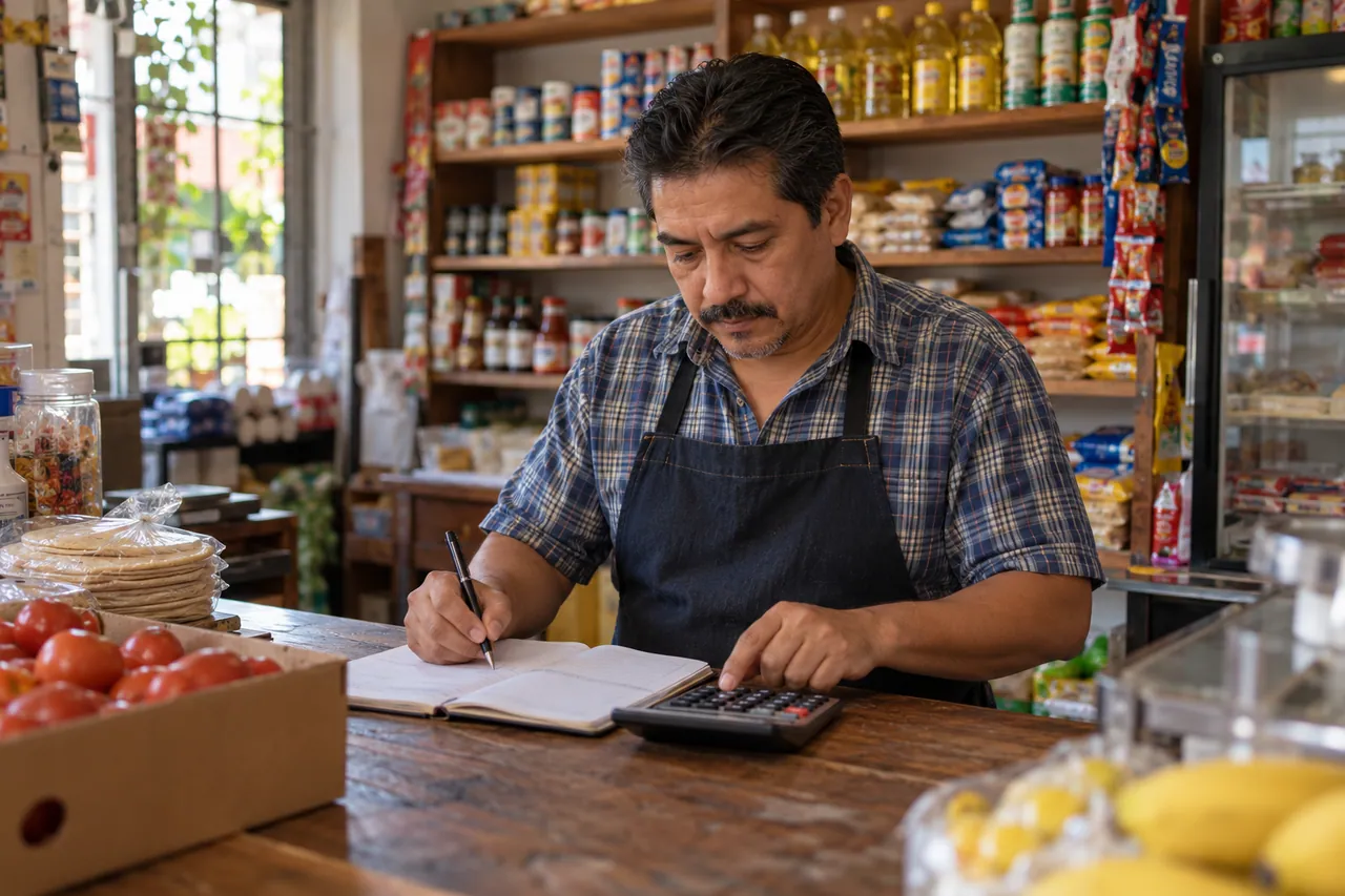 Dueño de un negocio revisando existencias con un cuaderno y una calculadora