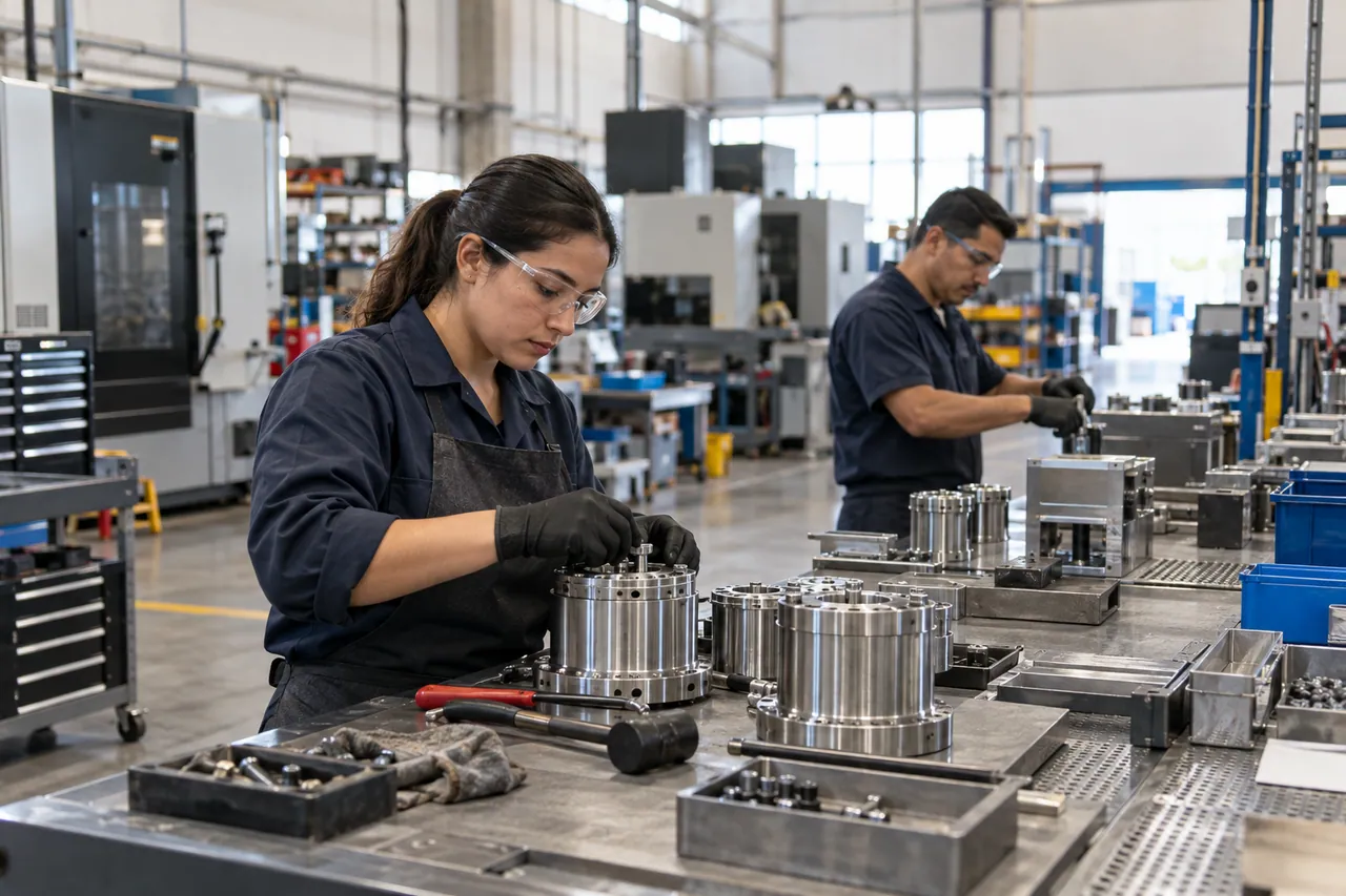 Técnicos trabajando en una nave industrial con estaciones de producción