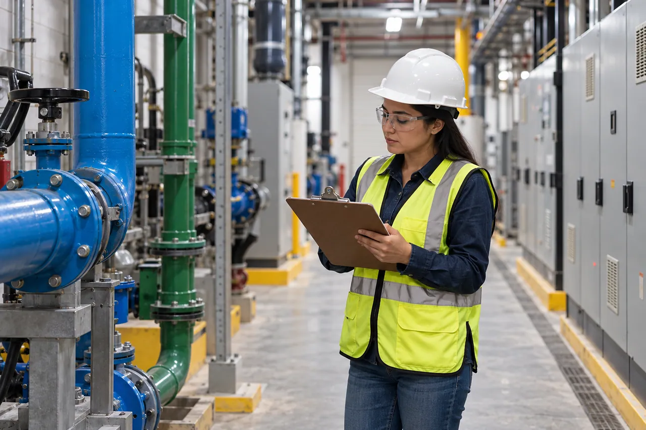 Ingeniera con equipo de protección revisando infraestructura de una fábrica