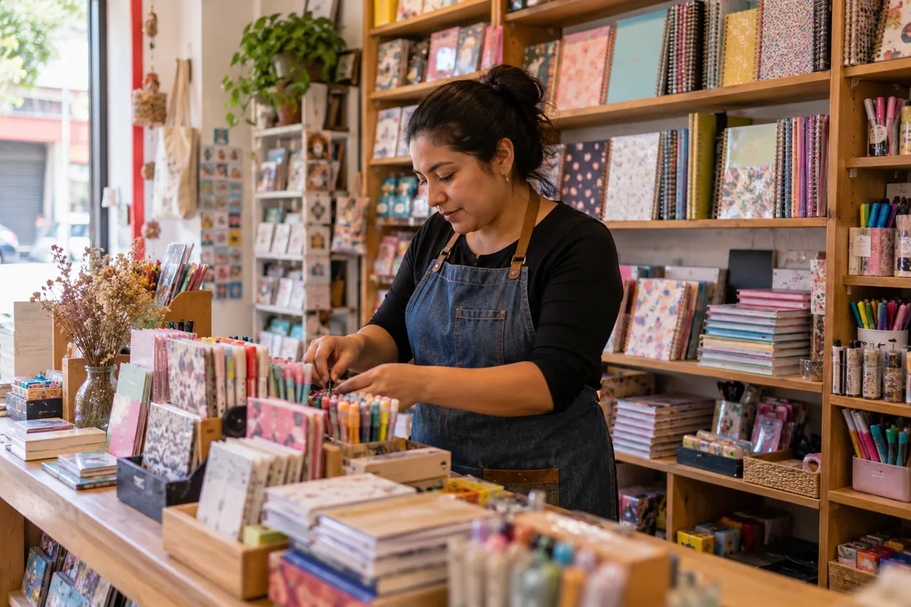 Comerciante organizando una exhibición de libretas y artículos de papelería