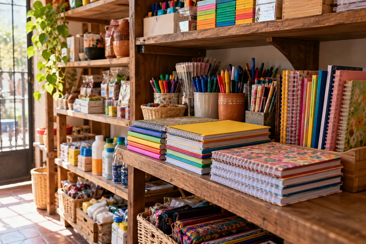 Estantes con libretas y productos organizados por categoría en una tienda