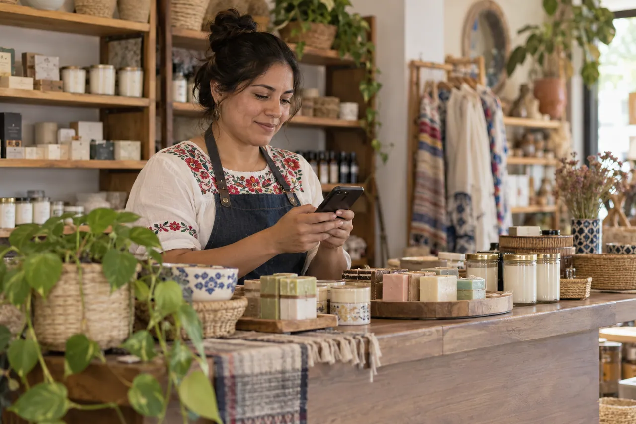 Comerciante revisando un teléfono junto a los productos de su tienda