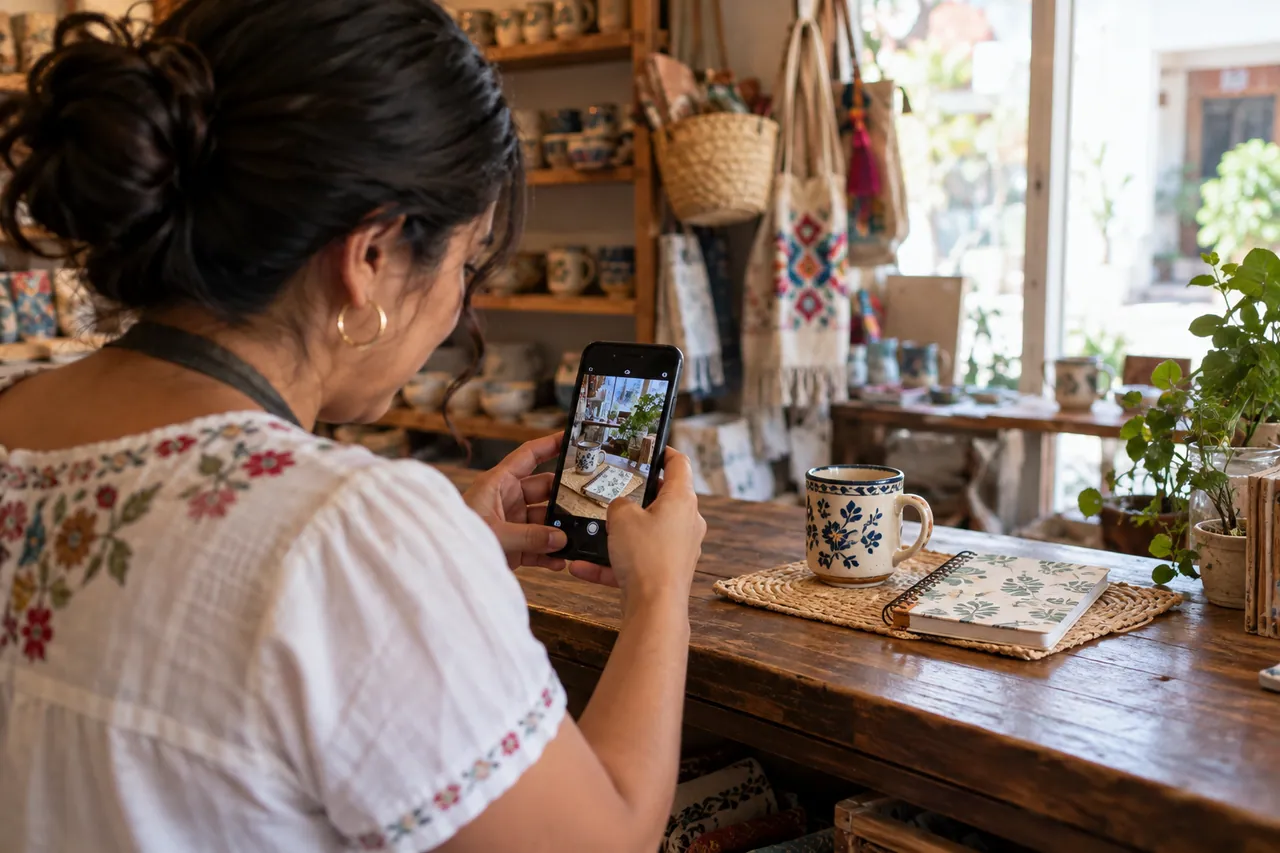 Emprendedora fotografiando productos con un teléfono para presentarlos en redes sociales