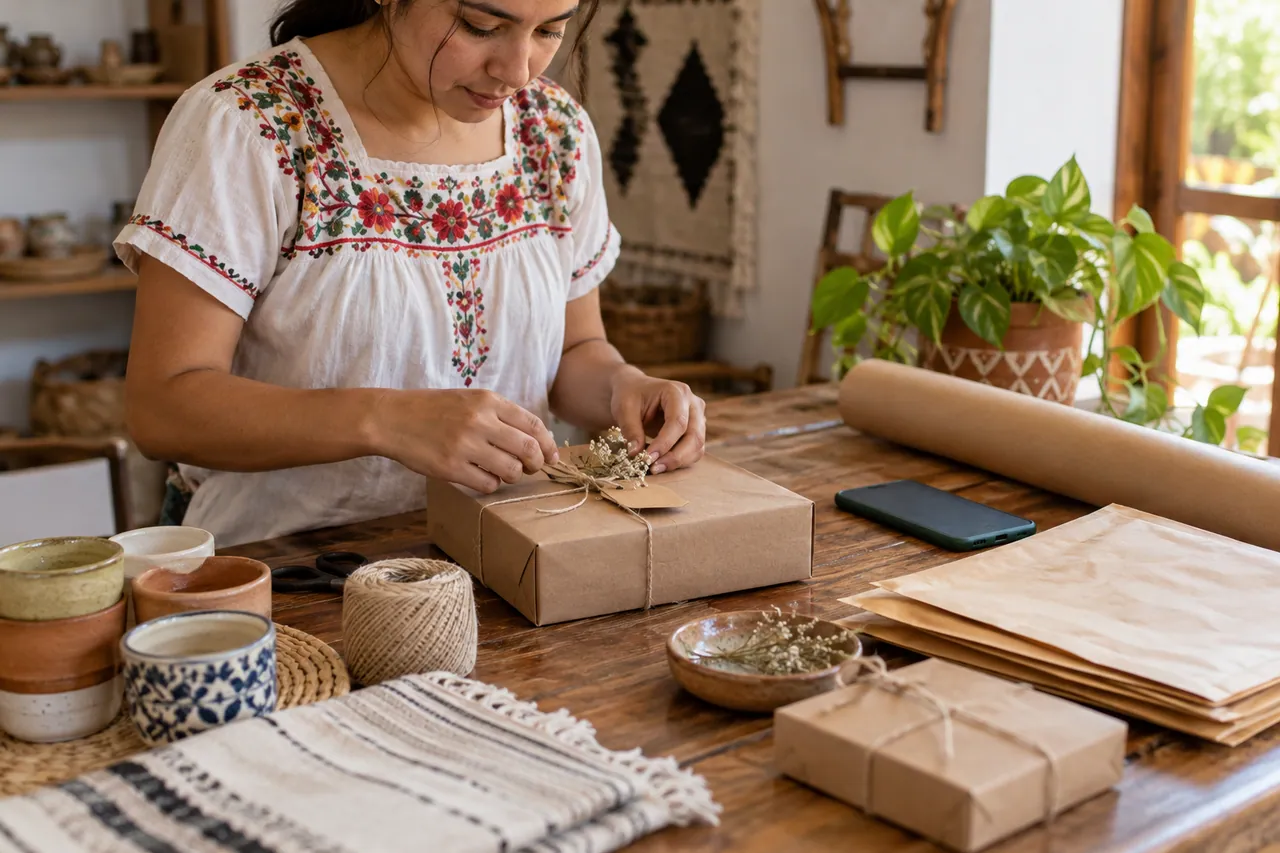 Productos y empaques preparados sobre la mesa de un pequeño negocio