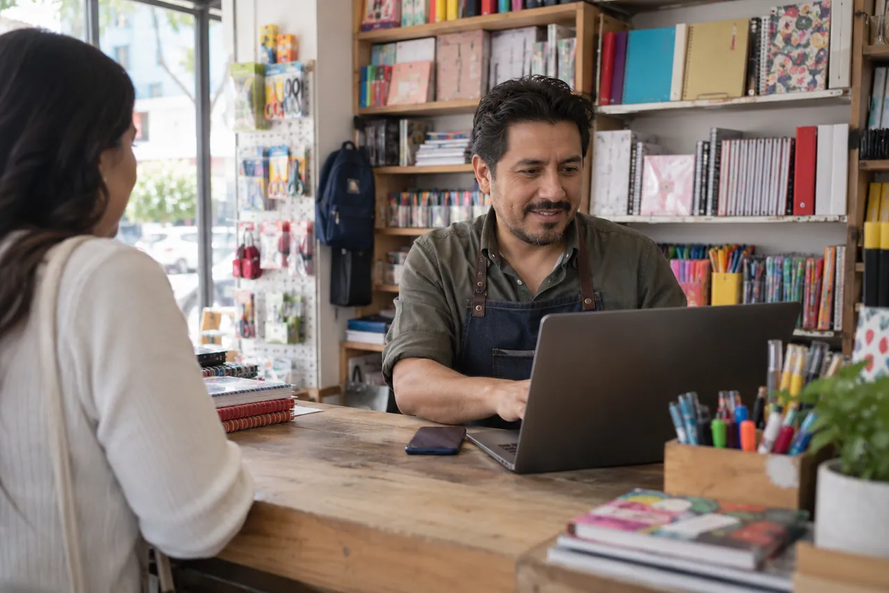 Dueño de una tienda atendiendo consultas desde una computadora