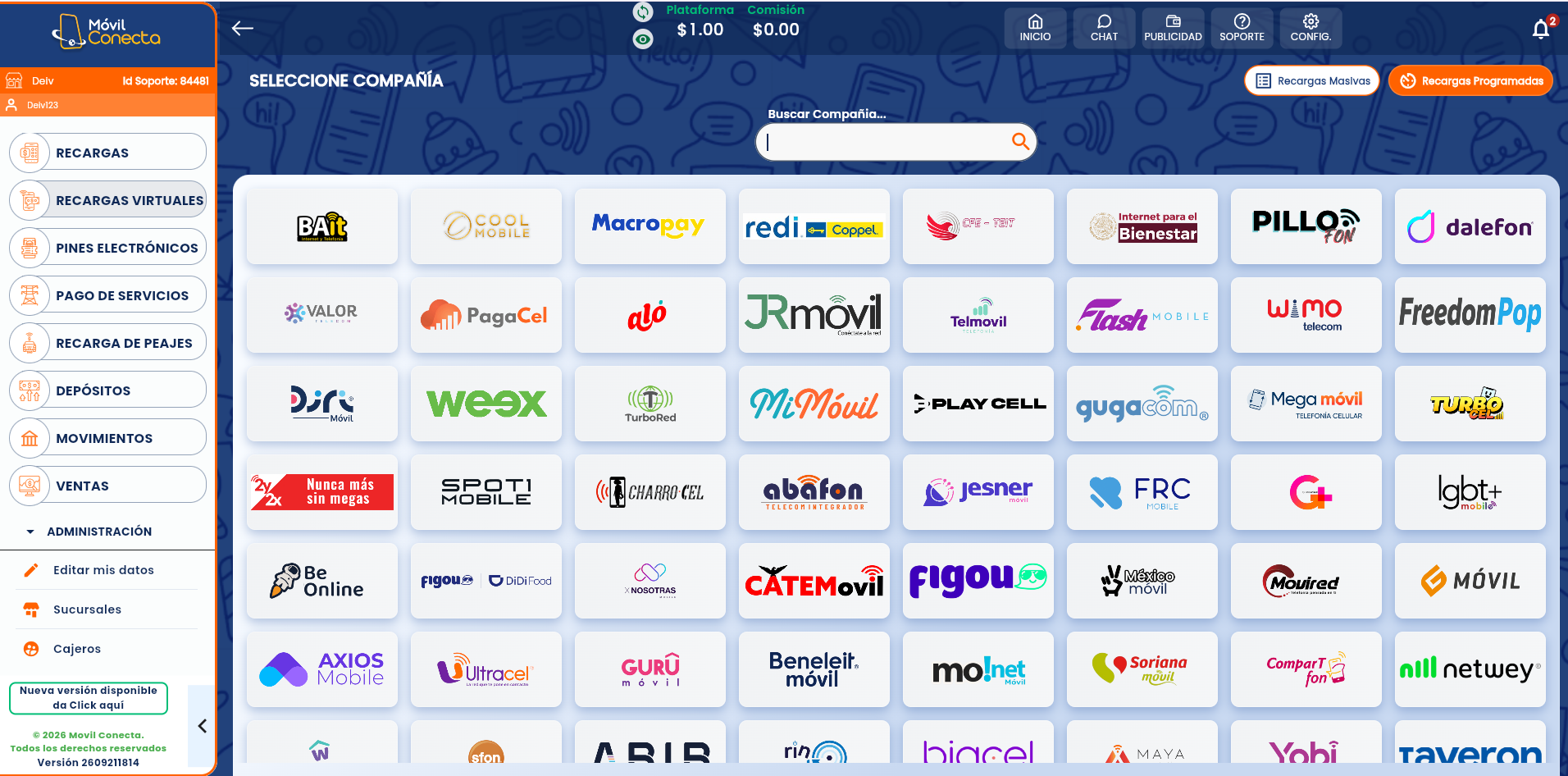 Plataforma Móvil Conecta en computadora: catálogo de recargas virtuales